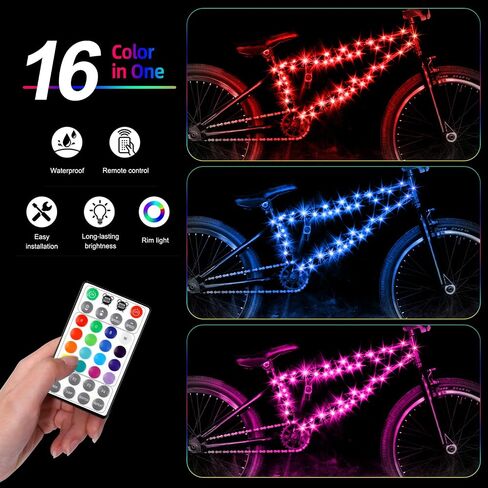 ضوء حبل بإطار الدراجة LED، شريط ضوء LED يعمل بالبطارية RGB مقاوم للماء مع جهاز تحكم عن بعد، ضوء إطار فائق السطوع يحافظ على متعة الركوب وأمانه، للدراجات الكهربائية/الطرق/الجبلية للبالغين in Kuwait