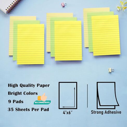 (9 Pack) Lined Sticky Notes with Lines 4X6 in Post, Aquatic Themed Colors Large Ruled Post Sticky Super Sticking Power Memo Pads Strong Adhesive, Sticky Notes 4x6 (Light Blue, Blue, Light Green) in Saudi Arabia