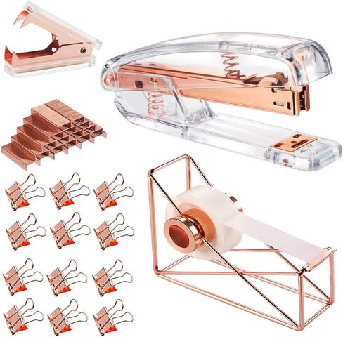 مجموعة لوازم مكتبية باللون الذهبي الوردي - دباسة، وموزع أشرطة، ومزيل دبابيس مع 1000 دبوس و12 مشبك، وإكسسوارات وديكورات مكتبية فاخرة من الأكريليك باللون الذهبي الوردي in Kuwait