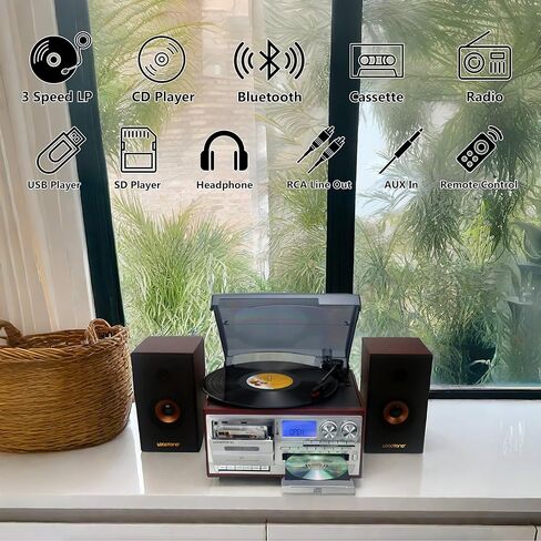 مشغل تسجيلات الفينيل LoopTone مع مكبرات صوت خارجية مزدوجة 15 وات 10 في 1 3 سرعات بلوتوث مشغل كاسيت أقراص دوارة عتيقة AM/FM راديو USB مسجل Aux-in RCA Line-Out (فضي) in Saudi Arabia
