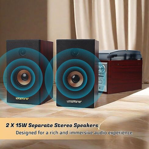 مشغل تسجيلات الفينيل LoopTone مع مكبرات صوت خارجية مزدوجة 15 وات 10 في 1 3 سرعات بلوتوث مشغل كاسيت أقراص دوارة عتيقة AM/FM راديو USB مسجل Aux-in RCA Line-Out (فضي) in Saudi Arabia