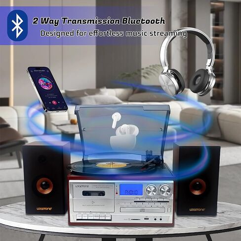 مشغل تسجيلات الفينيل LoopTone مع مكبرات صوت خارجية مزدوجة 15 وات 10 في 1 3 سرعات بلوتوث مشغل كاسيت أقراص دوارة عتيقة AM/FM راديو USB مسجل Aux-in RCA Line-Out (فضي) in Saudi Arabia