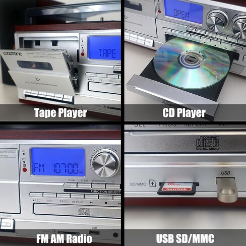مشغل تسجيلات الفينيل LoopTone مع مكبرات صوت خارجية مزدوجة 15 وات 10 في 1 3 سرعات بلوتوث مشغل كاسيت أقراص دوارة عتيقة AM/FM راديو USB مسجل Aux-in RCA Line-Out (فضي) in Saudi Arabia