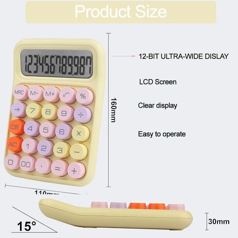 آلة حاسبة الحلوى الملونة، آلة حاسبة ميكانيكية لطيفة بشاشة LCD كبيرة الحجم مكونة من 12 رقمًا، آلة حاسبة بزر دائري كبير، سهلة الضغط، للمدرسة والمكتب والمنزل والمنزل، والنوم التلقائي، مع بطارية (أرجواني) in Kuwait