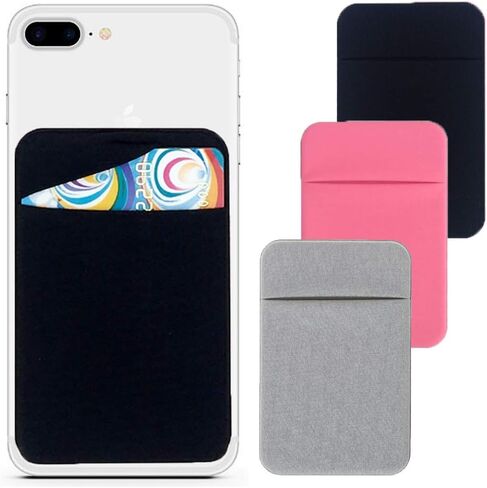 3 Pack Cell Phone Card Holder Stretchy Lycra Wallet Stick on Pocket Credit Card ID Case Pouch Sleeve 3M Adhesive Sticker on iPhone Samsung Galaxy Smartphones- Black Silver and Pink in Saudi Arabia