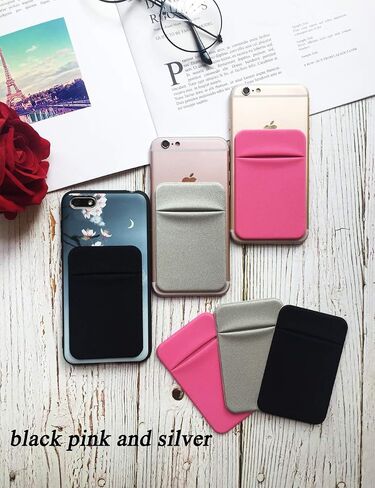 3 Pack Cell Phone Card Holder Stretchy Lycra Wallet Stick on Pocket Credit Card ID Case Pouch Sleeve 3M Adhesive Sticker on iPhone Samsung Galaxy Smartphones- Black Silver and Pink in Saudi Arabia