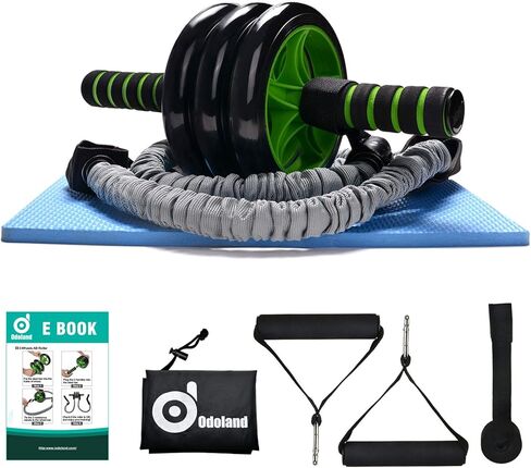 مجموعة Odoland 3-In-1 AB Wheel Roller Kit AB Roller Pro مع حزام مقاوم، وسادة للركبة، مقابض مضادة للانزلاق، حقيبة تخزين وبرنامج تدريب - تمرين مثالي للياقة البدنية لعضلات البطن in Kuwait