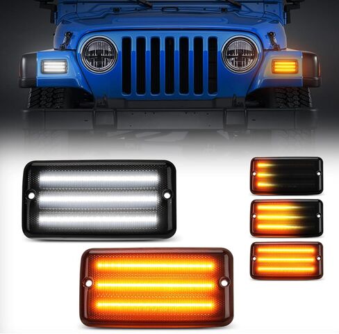 مصابيح إشارة الانعطاف LED المتسلسلة من SUPAREE باللون الأبيض الكهرمان DRL متوافقة مع جيب رانجلر TJ 1997-2006، مجموعة مصابيح إشارة الانعطاف الأمامية للعدسة المدخنة، حزمة من 2 in Kuwait