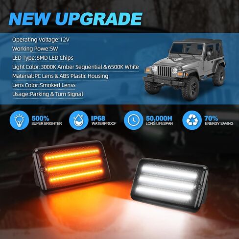 مصابيح إشارة الانعطاف LED المتسلسلة من SUPAREE باللون الأبيض الكهرمان DRL متوافقة مع جيب رانجلر TJ 1997-2006، مجموعة مصابيح إشارة الانعطاف الأمامية للعدسة المدخنة، حزمة من 2 in Kuwait