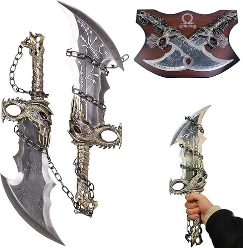 Kratos Chaos Blade of GOW، مصنوعة من المعدن، مجموعة واحدة من اثنين من شارات الفوضى مع لوحة عرض، سيف سلسلة معدنية كراتوس، نسخة طبق الأصل 1:1 من دعائم لعبة الحرب لعرض الأزياء التنكرية والهدايا in Kuwait