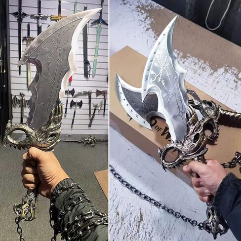Kratos Chaos Blade of GOW، مصنوعة من المعدن، مجموعة واحدة من اثنين من شارات الفوضى مع لوحة عرض، سيف سلسلة معدنية كراتوس، نسخة طبق الأصل 1:1 من دعائم لعبة الحرب لعرض الأزياء التنكرية والهدايا in Kuwait