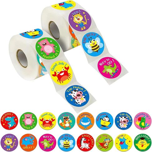Motivational Stickers 1 inch Cartoon Animal Stickers Rolls - 1000 Pcs Kindergarten Stickers Teacher Stickers for Kids Inspirational Stickers School Stickers Student Stickers 2 Rolls 16 Designs in Kuwait