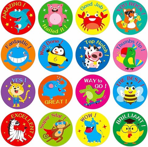 Motivational Stickers 1 inch Cartoon Animal Stickers Rolls - 1000 Pcs Kindergarten Stickers Teacher Stickers for Kids Inspirational Stickers School Stickers Student Stickers 2 Rolls 16 Designs in Kuwait