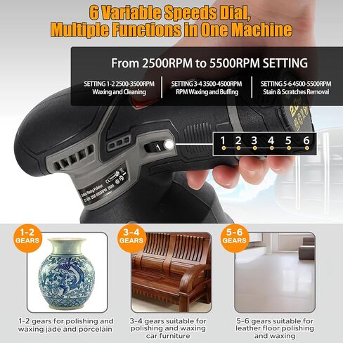 آلات تلميع أثاث السيارات اللاسلكية، مجموعة تلميع كهربائية، آلات تلميع وتلميع السيارات مع 2500-5500 دورة في الدقيقة، 6 سرعات متغيرة، قاعدة 125 مم لتلميع الصنفرة التلقائية in Kuwait