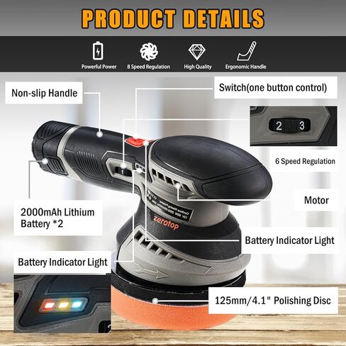 آلات تلميع أثاث السيارات اللاسلكية، مجموعة تلميع كهربائية، آلات تلميع وتلميع السيارات مع 2500-5500 دورة في الدقيقة، 6 سرعات متغيرة، قاعدة 125 مم لتلميع الصنفرة التلقائية in Kuwait