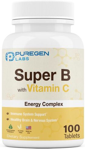 Puregen Labs مركب الطاقة الفائق B مع فيتامين C - دعم صحة المناعة والطاقة والجهاز العصبي - غير معدل وراثيًا وخالي من الغلوتين 100 قرص نباتي in Saudi Arabia
