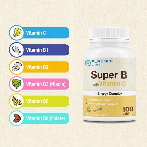 Puregen Labs مركب الطاقة الفائق B مع فيتامين C - دعم صحة المناعة والطاقة والجهاز العصبي - غير معدل وراثيًا وخالي من الغلوتين 100 قرص نباتي in Saudi Arabia
