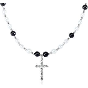 Valentines Day Gifts for Him Cross Necklace for Men Black White Pearl Necklace Stainless Steel Necklace 10mm Double Layered Cuban Link