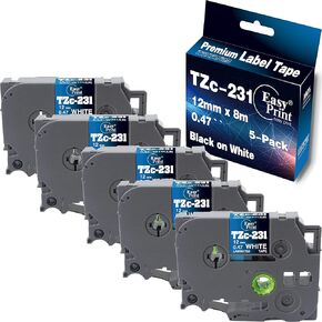 EASYPRINT Compatible P-Touch TZe-231 TZe Label Tape 12mm 0.47 Inch Laminated White TZ Tape Label Used for Brother Ptouch Label Maker PTD210 H110 D600 1230PC 1280, 26.2 Feet Each, (5-Pack)