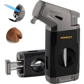 HONEST Torch Cigar Lighter with Windproof Jet Flame, Built-in V Cigar Cutter, Box for Christmas, Refillable Butane Torch Lighters, All-in-one Cool Lighters for Smoking, Cigars (Black)