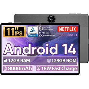 Tablet 11 inch Android 14 Tablets, 12GB+128GB,1TB Expand, Widevine L1 Compatible 8-Core Tablet with 5G WiFi, 8000mAh Battery, Camera, 11" IPS Big Screen (Black)