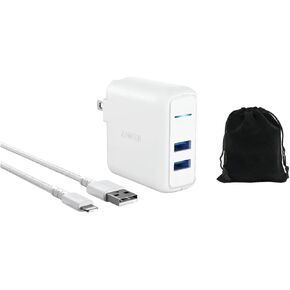 Anker 2-Port PowerPort 24W Wall Charger with PowerIQ Technology, Dual USB-A Ports, Fast Charging for iPhone, Samsung, Tablets, and More, Travel Design with Foldable Plug, W/Lightning Cable & Pouch