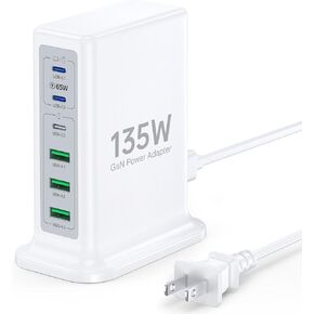 USB C Fast Charger Block 6 Ports Wall Charger 135W GaN Charging Station with PD USB C 65W Laptop Charger Compatible with iPhone 16 15 14 Pro Max, iPad Pro, Galaxy S24/23,AirPods4，watch10 ultra2