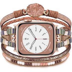 KOREDA Boho Leather Bracelet Compatible for Apple Watch Band 38mm 40mm 41mm 42mm 44mm 45mm 46mm Series 10 9 8 7 SE Women, Handmade Multilayer Wrap Beaded Jewelry Apple Watch Strap for iWatch Series 6/5/4/3/2/1