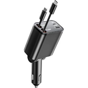HATALKIN Retractable Car Charger, Fast Car Phone Charger 69W 2 Retractable Cables and USB Car Charger,Compatible with iPhone 15/14/13/12/11,Galaxy,Pixel