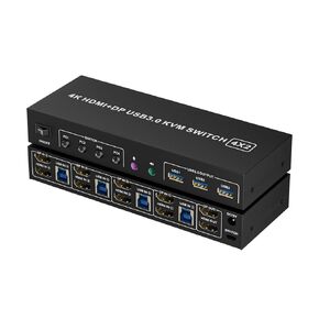 HDMI DP4 KVM Switch 2 Monitors 4 Computers 4K@60Hz,USB3.0 Four Computers KVM Switch for 4 Computers Sharing 2 Monitors with 3 USB Ports Sharing Keyboard and Mouse, Printer, Desktop Controller