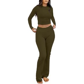 kaimimei Women's 2 Piece Lounge Outfits Slim Long Sleeve Tops High Waist Foldover Flare Leggings Sets Casual Yoga Sweatsuit