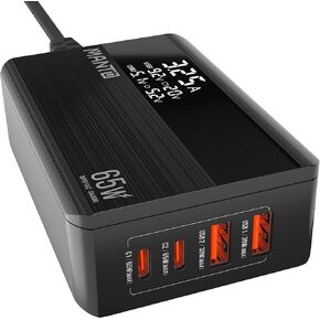USB C Charger, MANTO 65W USB C Charger with LED Display, Super Fast Charger with Dual USB C+ Dual USB A, PPS USB C Charging Station Compatible with MacBook Pro/Air, Laptops, iPad, iPhone and More