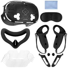Geekria VR Silicone Cover Set Compatible with Meta Q3S, Touch Controller Grip Cover, Front Face Cover, Silicone Face Cover with Lens Protective Cover, All-Round Protection Suit (7PCS, Black)