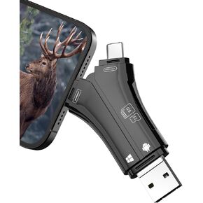 Trail Camera Viewer SD Card Reader for iPhone/iPad,4 IN 1 Trail Game Camera SD Card Reader for iPhone/iPad/USB C & Micro USB Android/Pcs,Hunting & Trail Camera Viwer Supports SD,Micro SD,Plug and Play