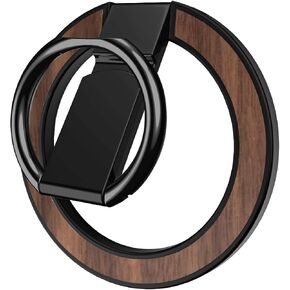 Metal Phone Ring Grip， Magnetic Phone Ring Stand，Ultra Thin Phone Kickstand with Finger Loop, Phone Ring Holder for Mag Safe iPhone 16/15/14/13/12 Series (Walnut Wood)