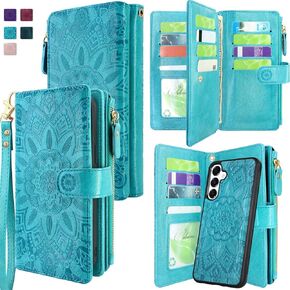 Harryshell Detachable Wallet Case Compatible with Samsung Galaxy A16 Phone Case with Cash Coin Zipper Pocket Multi Card Slots Holder Wrist Strap Lanyard (Flower Blue Green)