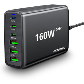 160W USB C Fast Charger,USB C Charging Station 6-Port GaN Compact Wall Charger Compatible for MacBook Pro Air,iPad,iPhone 15/14/13/Pro/13Pro Max/12,Samsung Android Phones, Laptop (Black)