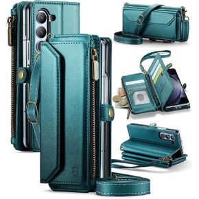 Crossbody Wallet Case Compatible with Samsung Galaxy Z Fold 5 with RFID Blocking Card Holder & Pen Holder Slot Soft PU Leather Shoulder Strap Zipper Pocket Purse Fold 5 Phone Case, Blue Green
