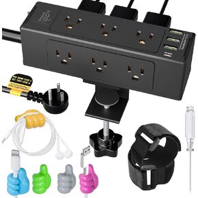 Compact mountable Surge Protector Desk clamp Power Strip Desk Outlet Station USB-C, 9 AC Plugs & 3 USB Ports, Plug in & Out Electronics, Desk Power w/Cable Holders & Hooks - Black