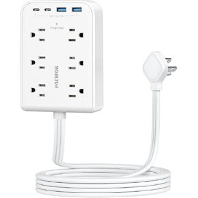 5 ft Flat Plug Extension with 4 USB(2 USB C), 6 Outlets Multiple Plug Expander Wall Charger, Ultra Thin Extension Cord, Power Strip Surge Protector for Home Office Kitchen. White