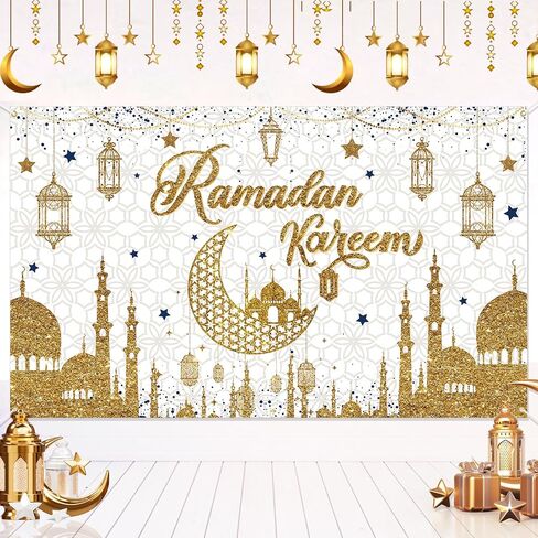 Ramadan Eid Mubarak Backdrop Banner, Ramadan Banner Photo Booth Background Banner for Islamic Ramadan Eid Festival Wall Decorations, Black Gold in Kuwait
