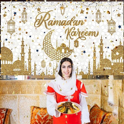 Ramadan Eid Mubarak Backdrop Banner, Ramadan Banner Photo Booth Background Banner for Islamic Ramadan Eid Festival Wall Decorations, Black Gold in Kuwait