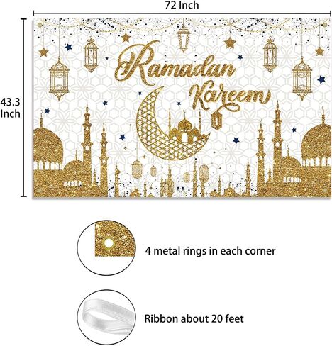 Ramadan Eid Mubarak Backdrop Banner, Ramadan Banner Photo Booth Background Banner for Islamic Ramadan Eid Festival Wall Decorations, Black Gold in Kuwait