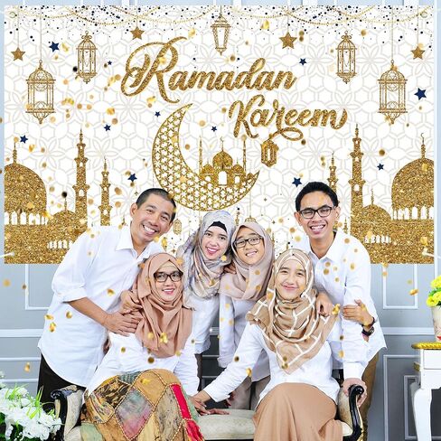 Ramadan Eid Mubarak Backdrop Banner, Ramadan Banner Photo Booth Background Banner for Islamic Ramadan Eid Festival Wall Decorations, Black Gold in Kuwait