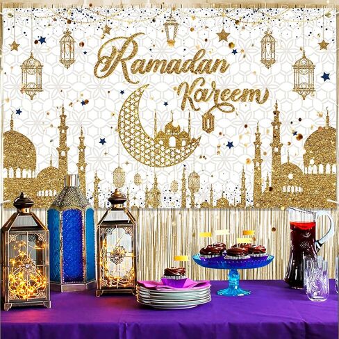Ramadan Eid Mubarak Backdrop Banner, Ramadan Banner Photo Booth Background Banner for Islamic Ramadan Eid Festival Wall Decorations, Black Gold in Kuwait