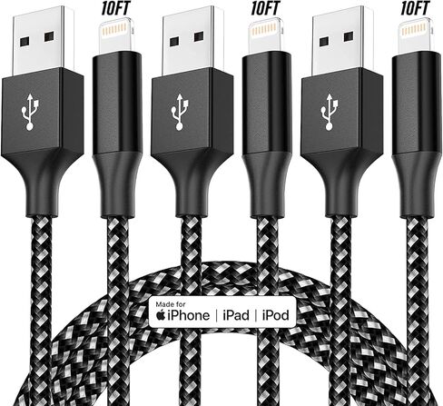 MenoSupp iPhone Charger 3Pack 10 FT Apple MFi Certified Lightning Cable Fast Charging iPhone Charger Cord Compatible with iPhone 14 13 12 11 Pro Max XR XS X 8 7 6 Plus SE iPad and More, Black in Kuwait