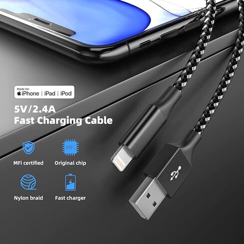 MenoSupp iPhone Charger 3Pack 10 FT Apple MFi Certified Lightning Cable Fast Charging iPhone Charger Cord Compatible with iPhone 14 13 12 11 Pro Max XR XS X 8 7 6 Plus SE iPad and More, Black in Kuwait