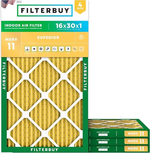 Filterbuy 16x30x1 فلتر الهواء MERV 11 Allergen Defense (4 عبوات)، استبدال مرشحات هواء فرن HVAC AC المطوية (الحجم الفعلي: 15.63 × 29.63 × 0.75 بوصة) in Kuwait