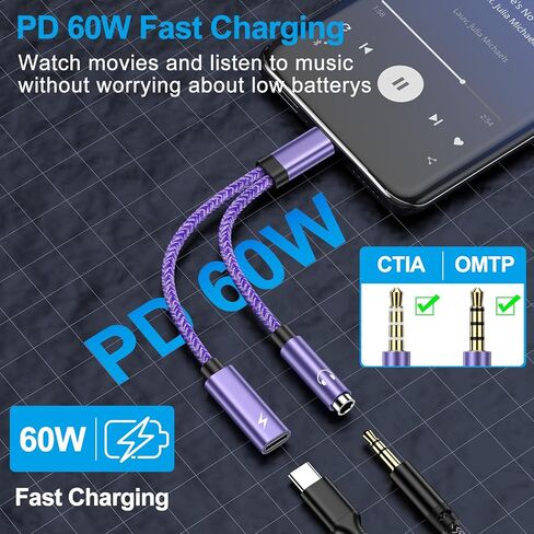 2 في 1 Samsung Galaxy S24 S23 S22 نوع USB من النوع C إلى 3.5 ملم محول الشاحن ومحول الشاحن ، USB C إلى Aux Audio Jack 60W شحن سريع Android Dongle Cable لـ iPhone 16 Pro Max ، Google Pixel 9 8 Pro 7a 7 in Kuwait