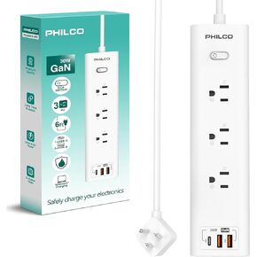 Philco Surge Protector Power Strip, Power Outlet, Surge Protector with USB Ports, 30W 3 Outlets W/ 1 USB-C & 2 USB-A Ports, 6ft Extension Cord with Multiple Outlets, Flat Plug, Home Office Essentials